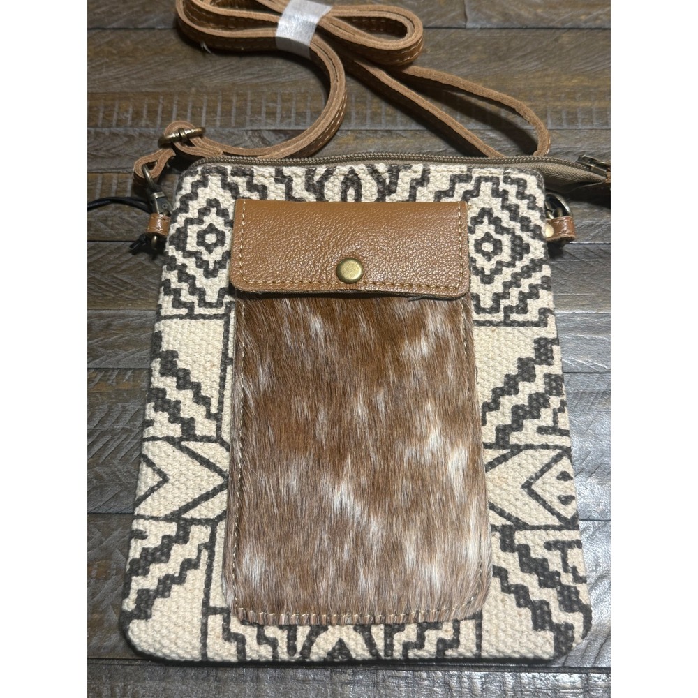 Myra Bag Crossbody Bag Womens Small Brown NWT Hair-on-Hide Canvas Geometric